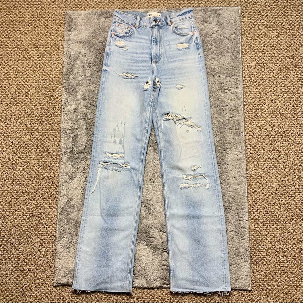 NWOT Zara The 90s Full Length Wide Leg Distressed Jeans